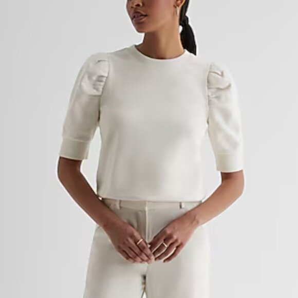 Express X-Small White Crew Neck Short Puff Sleeve Fleece Sweatshirt - Picture 5 of 5